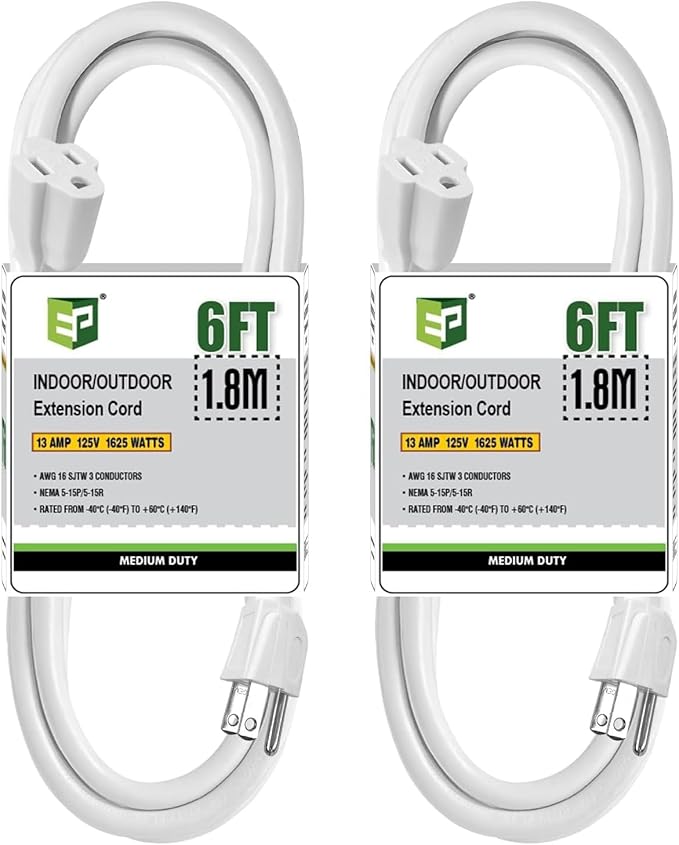 EP 2 Pack 6 Ft Outdoor Extension Cord - 16/3 SJTW White Electrical Cable with 3 Prong Grounded Plug