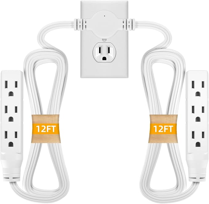 STARELO Twin Extension Cord Receptacle, 24FT, Flat Plug Extension Cord with 6 3-Prong Receptacles, 12FT Long on Each Side,Twin Extension Cord for Behind Beds, Sofas,Dressers, Furniture,etc(White)