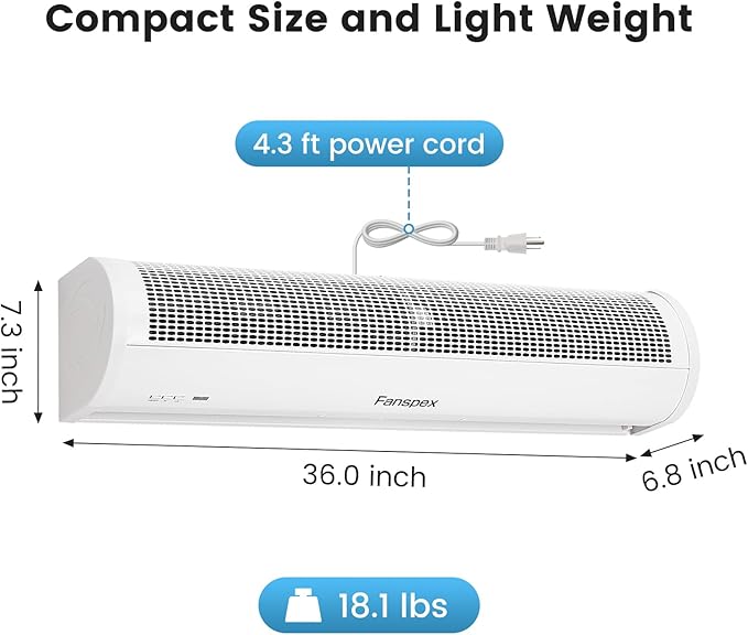 Fanspex 36" Wall Mounted Air Curtain, 2-Speed Commercial Over Door Fan for Home Garage Shop Restaurant, 120W Low Consumption with Magnetic Door Switch (White)