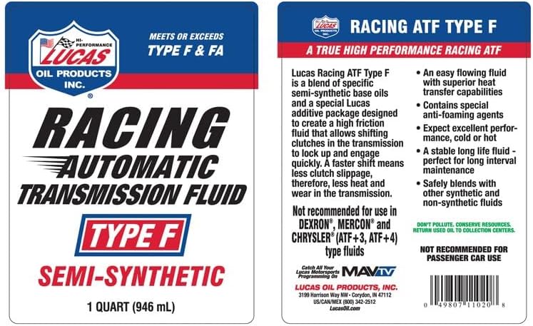 Lucas Oil 11020 Semi-Synthetic Racing Automatic Transmission Fluid Type F - 1 Quart (Pack of 6)