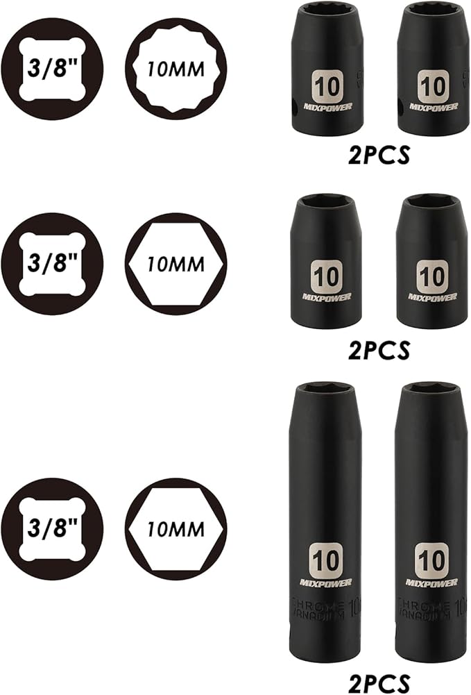 MIXPOWER 6PCS 3/8"Drive 10mm Deep&Shallow Socket, 6 Point & 12 Point, CR-V, Metric, Black Phosphate Finish…