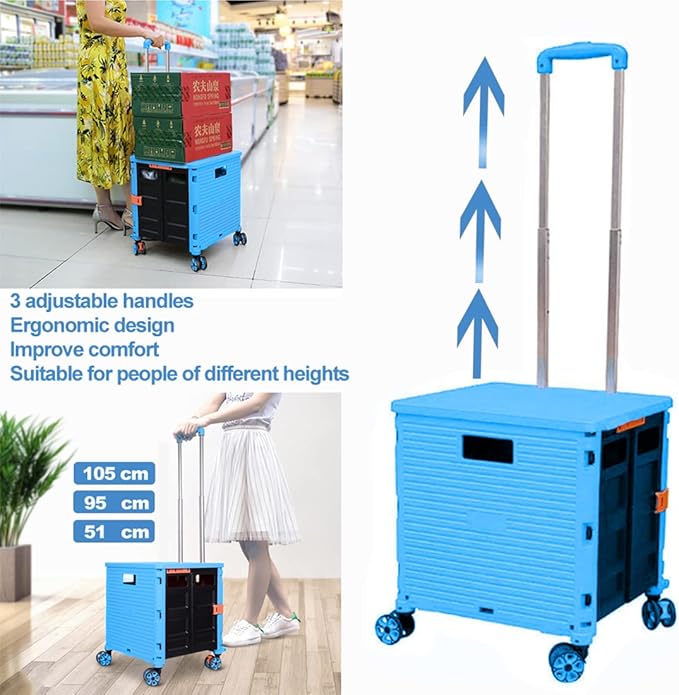 Foldable Utility Cart Folding Portable Rolling Crate Handcart Shopping Trolley Wheel Box with Lid Wear-Resistant Noiseless 360°Rotate Wheel for Travel Shopping Moving Storage Office Use (Sky Blue)