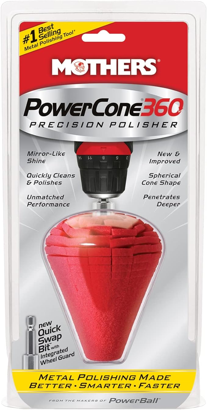 Mothers PowerCone 360, Polishing Tool with Quick Swap Bit — Patented Spherical Cone for Deep, Safe Metal Polishing in Hard-to-Reach Areas — Ideal for Wheels & Curved Surfaces (05146)