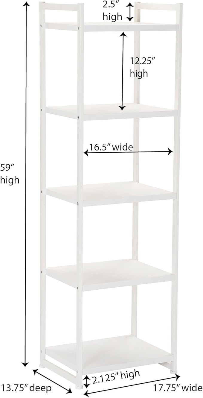 Household Essentials Jamestown Narrow 5 Shelf Open Storage Bookshelf Scandinavian White and White Metal