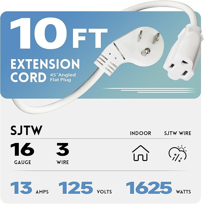 EP 10 Ft Flat Plug Extension Cord, 16 AWG 3 Prong Grounded White Low Profile Extension Cable for Indoor