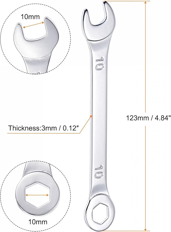 uxcell Thin Combination Wrench with Offset 6-Point End and Angled Open End, Metric Mirror-Chrome Plated High Carbon Steel, for Household Repairs, 10mm