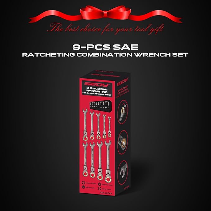 9-Piece SAE Flex-Head Ratcheting Combination Wrench Set - Premium 72-Teeth Gear Chrome Vanadium Nickel Plated with Organizer Bag