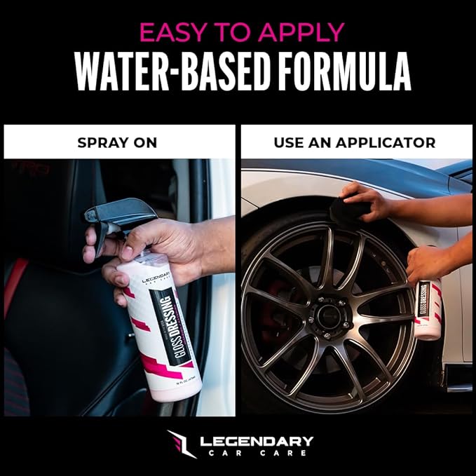 Legendary Gloss Dressing 16oz - Tire Shine Spray & Plastic Restorer – Water Based Tire Shine & Non-Greasy Interior/Exterior Detailing Spray - Trim, Rubber, Vinyl & Plastic Restorer for Cars