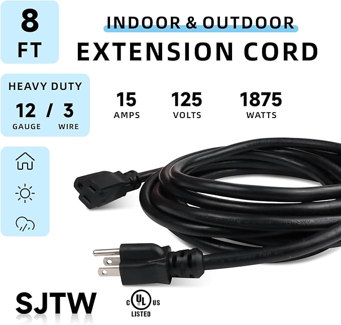 EP 12/3 8 FT Indoor Outdoor Black Extension Cord Waterproof, 12 Gauge 3 Prong Power Cord Flexible Resistant Appliance Extension Cable Electric Cable Outside, 15A 1875W 12AWG SJTW, ETL Listed