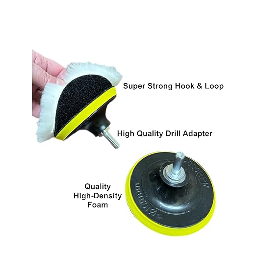 Lambswool Polishing Pads Sheepskin Buffing Pads, 7 Piece Set. Includes 5 Lambs Wool Cutting Pads with Hook, 1 Backing Plate and 1 Drill Attachment - Wool Buffs (6 Inch)