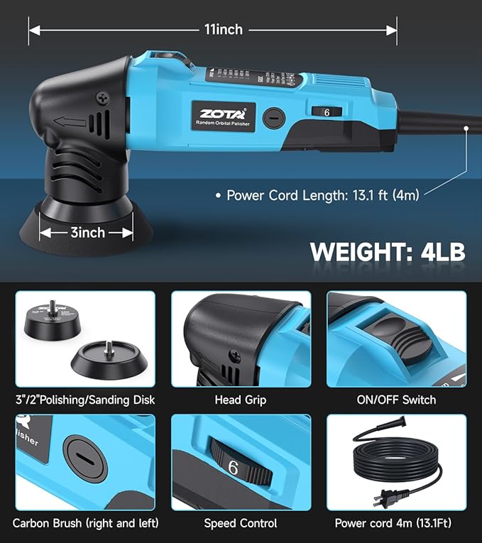 ZOTA 3 inch Polisher, 2" Mini Buffer with 8mm Random Dual Action Polisher,13.1ft(4m) Extended Power Cord for Quiet & Smooth Small Buffer Polisher.