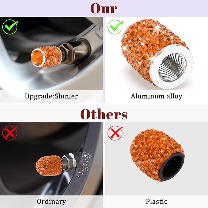 ToBeQueen Bling Orange Car Tire Valve Caps, 4 Pack Handmade Crystal Rhinestone Diamond Tire Caps Universal Dustprood Bling Car Accessories for Car/SUV/Motorcycle/Bike(Orange)