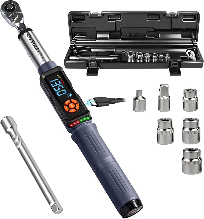 Goseek Upgraded Rechargeable Digital Torque Wrench, 5-99.6 Ft-lbs/6.8-135Nm, 3/8'' Drive Electric Torque Wrench Set with Buzzer & Colorful LED & Vibration for Car Motor Tire Repair