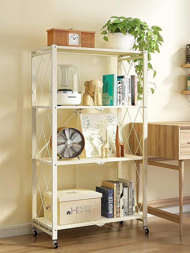 Lanstics 4 Tier Foldable Folding Shelves Heavy Duty Storage Shelving with Wheels Metal Shelf Standing Shelves Units for Home Kitchen Living Room