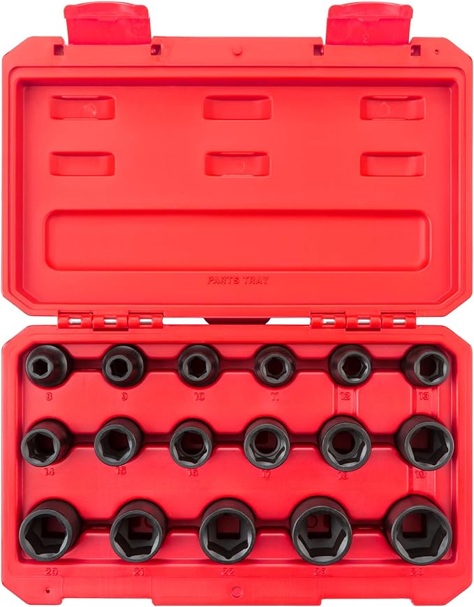TEKTON 1/2 Inch Drive Shallow 6-Point Impact Socket Set with Case, 17-Piece (8-24 mm) | SID92321