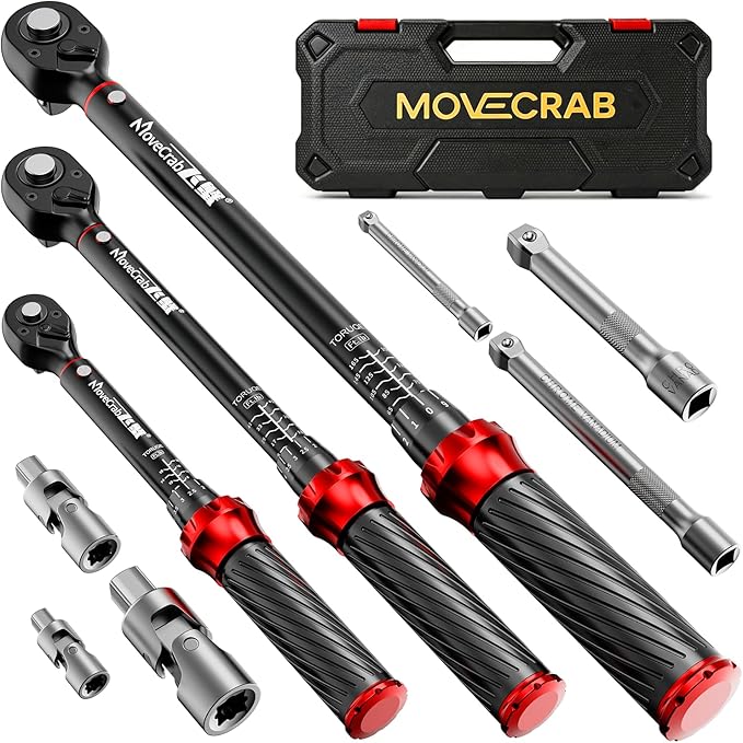 9pcs Click Torque Wrench Set, CNC Machining Handle, 1/4" 3/8" 1/2" Drive Dual-Direction Adjustable, 4-20Ft.lb / 5-45Ft.lb / 15-165Ft.lb, Dual-Scales ±3% Accuracy for Bicycle Motorcycle Car
