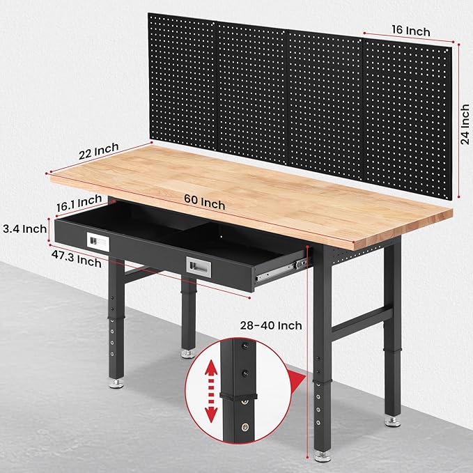 ENJOYWOOD 60" x 22" Garage Workbench Adjustable Height Work Table with Drawers, Pegboard & Power Outlets Heavy Duty Rubberwood Top Work Bench for Workshop & Home