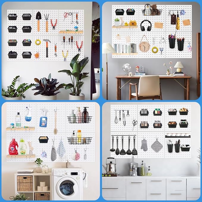 6PCS Metal Pegboard Kit, White Pegboard Panels, Wall Organizer for Tools Heavy Duty Steel Peg Board Storage System for Workbench, Garage, Office, Kitchen and Craft Room