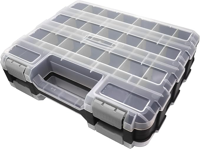 Double Side Tool Box Organizer, Hardware Storage Box, Portable Small Parts Organizer with Removable Plastic Dividers for Screws, Nuts, Nails, Bolts, Gray