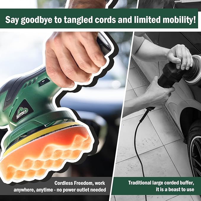 BATOCA - Cordless Car Buffer Polisher - 2pcs 2.0Ah 12V Lithium-ion Rechargeable Battery Powered Brushless Polisher with 6 Variable Speed, DA Orbital Buffer for Car Detailing, Polishing, Waxing