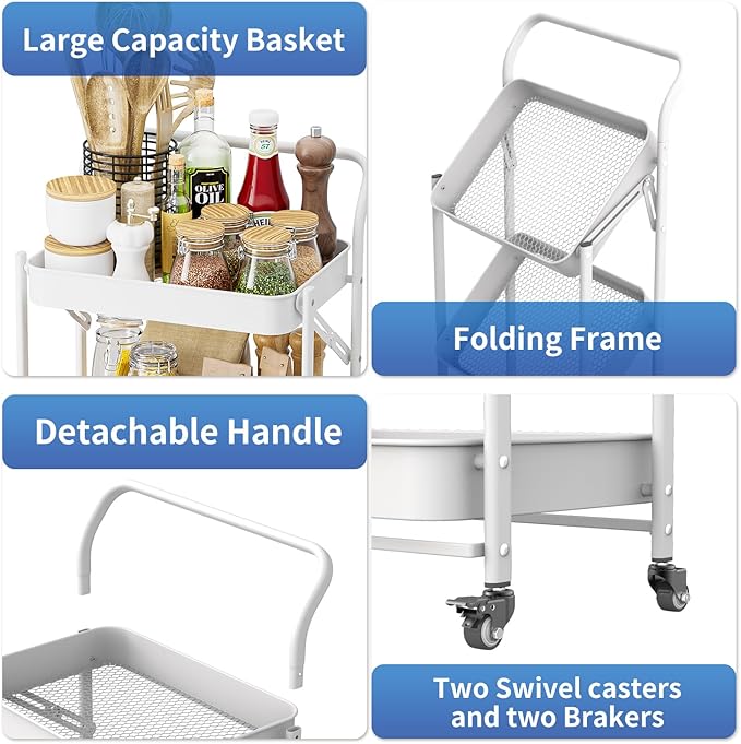 JAQ Foldable Rolling Cart, 3-Tier No Assembly Metal Utility Cart with Handle, Heavy Duty Folding Storage Trolley Organizer on Wheels for Kitchen, Office, Craft Art, Baby Diaper, Snacks, Books, White