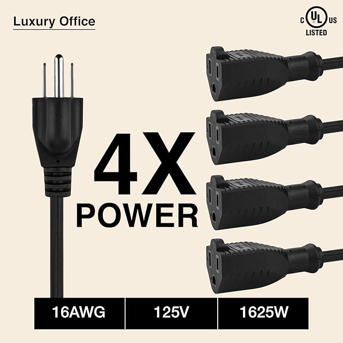 4 Way Power Splitter - 1 to 4 Extension Cord Splitter, 1.5' Short Extension Cord UL Listed, Outlet Splitter 3 Prong, Power Strip Outlet Plug, Y Style Extension Cord, Black, SJT 16 AWG by Luxury Office