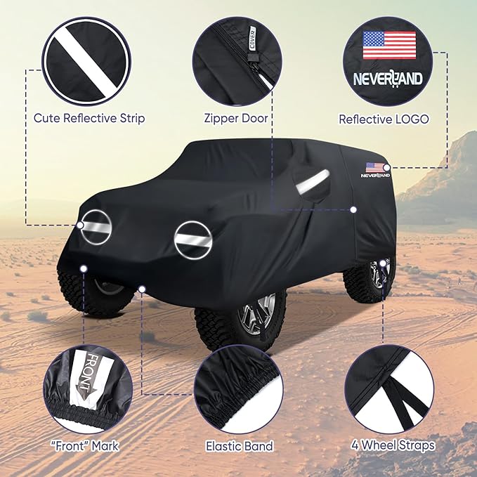 NEVERLAND Car Cover for Jeep Wrangler 2 Door Waterproof Car Covers, All Weather Protection Jeep Sun Rain Protection for Wrangler 2 Door Fits JK JL 2007-2025 Outdoor Covers Black with Door Zipper