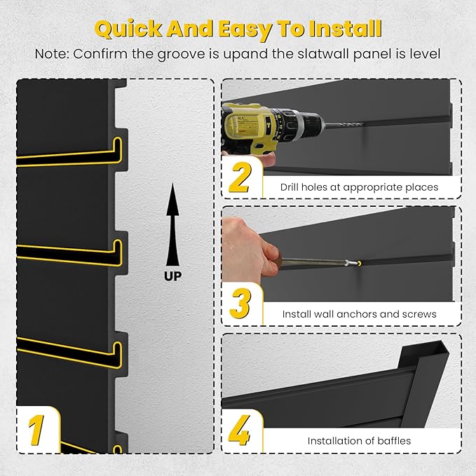 Slat Wall Paneling 4x2 FT, PVC Slat Wall Panels with 8 Hooks Heavy-Duty Garage Organization System, Slatwall Pegboard Suitable for Home、Garage、Shop Wall Display & Organization (Black)