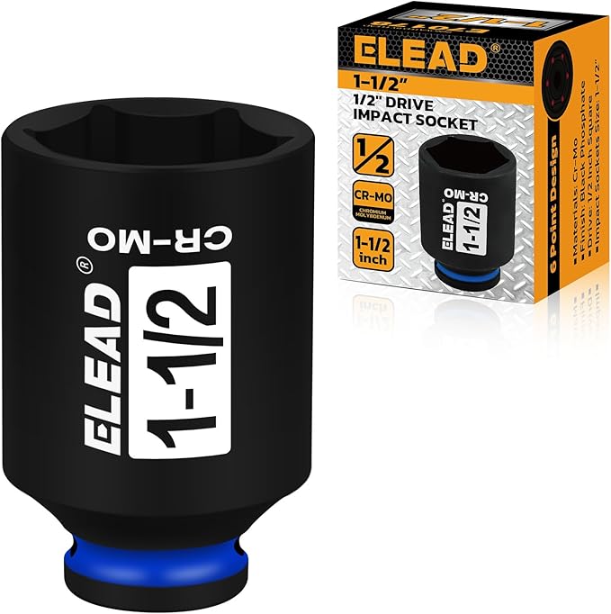 ELEAD 1/2" Drive Deep Impact Socket, 1-1/2 inch SAE 6 Point 1/2-inch Drive Impact Axle Nut Sockets, CR-MO Nut Socket Set, Oil Filter Sockets, Tools for Easy Removal of Axle Shaft Nuts