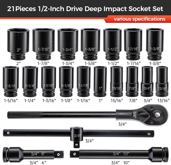 21PCS 3/4" Drive Impact Socket Set,6 Point Axle Nut Socket Set,SAE Sizes(3/4" to 2"),Cr-Mo Steel,Includes Adapter and Quick-Release Ratchet(24 Tooth) for Large Vehicle & Equipment Maintenance