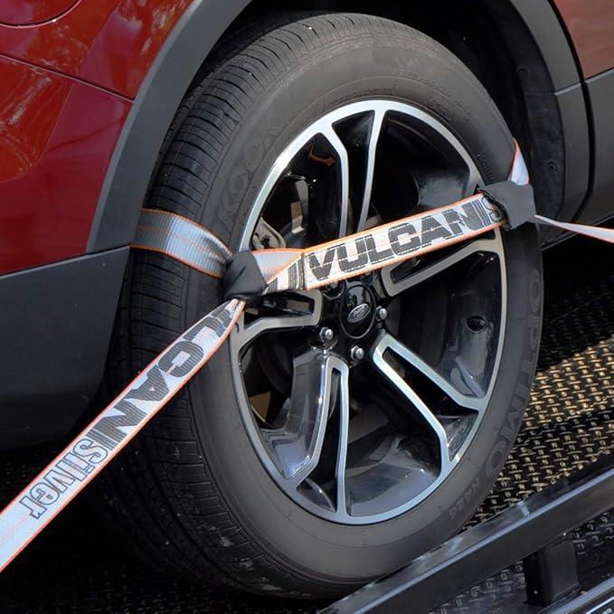 VULCAN 8-Point Roll Back Vehicle Tie Down Kit with Snap Hook on Strap Ends and Chain Tail on Ratchet Ends - Set of 4 - Silver Series