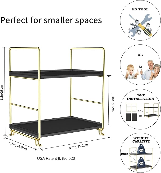 2-Tier Spice Rack Bathroom Organizer Countertop Storage Shelf, Cosmetic Storage Rack Standing Counter Shelf (Gold + Black)