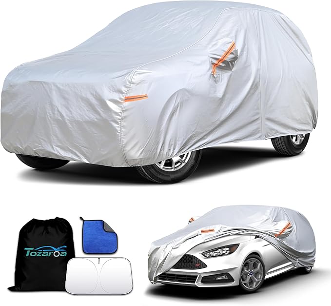 Car Cover Waterproof All-Weather,Heavy-Duty Outdoor Full Exterior Automobiles Snow Cover for Hatchback 164-178 inch,with Sun Visor,Anti-Scratch Cotton Lining & Zippered,Towel&Storage Bag