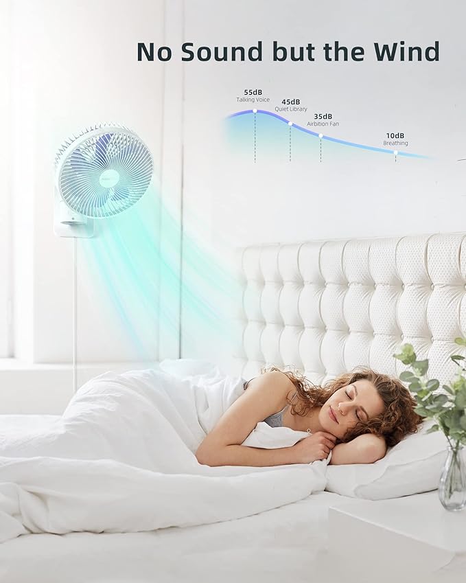 Airbition 8'' Small Wall Mount Fan with Remote Control, 90°Oscillating, 4 Speeds, Timer, Included 120° Adjustable Tilt, High Velocity, 70Inch Cord, for RV Bedroom Home Office Garage