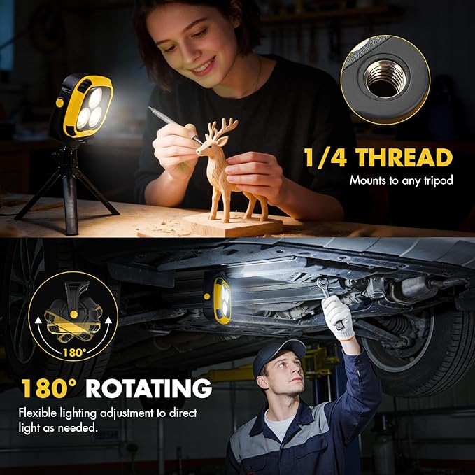 2 Pack 6000mAh Rechargeable Work Light, 4000LM Magnetic Light with Hook, IP65 Waterproof, 30H Runtime, Portable LED Work Light for Car Repair, Job Site Lighting, Emergency(Yellow)