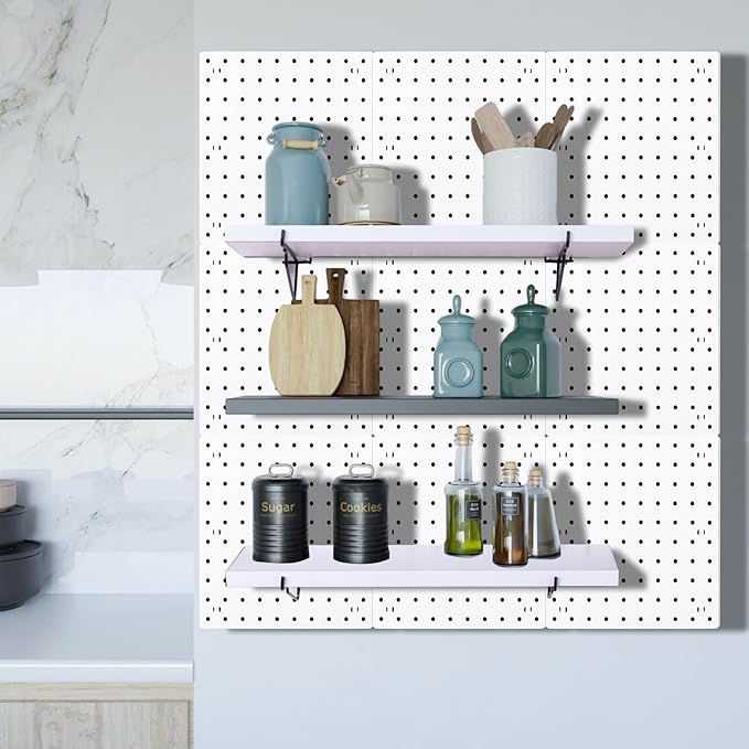 Pegboard Shelf Set - 6 Heavy Duty Peg Board Shelves & Steel Brackets, Organizer for Storage, Garage, Workbench, Craft, Office