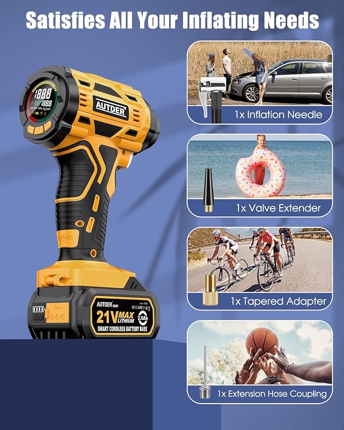 AUTDER Cordless Tire Inflator, 180PSI Portable Air Compressor with 21V Rechargeable Battery & 12V DC Car Adapter, Fast Inflation Digital Pump for Cars, Motorcycles, Bikes & Sports Balls - Black Yellow