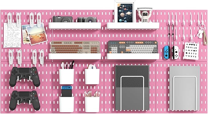 MULSAME Pegboard Combination Kit, Wall Mounted Storage Set with 8 Pegboards & 32 Accessories Hanging, Pink Peg Boards Organizer for Walls Display, Crafts Organization, Kitchen Organizer, 22" x 44"