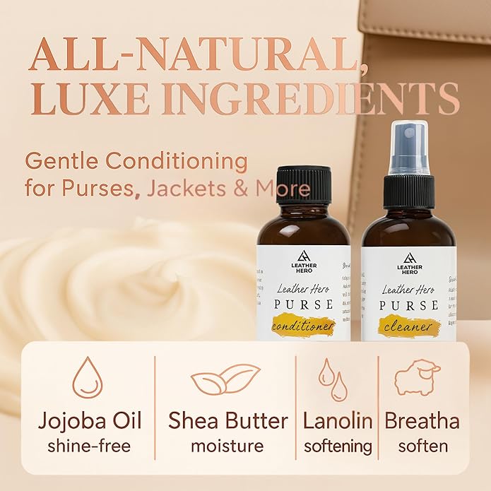Leather Purse Cleaner & Conditioner Kit – 4pc Set with 4oz Cleaner, 4oz Conditioner, Microfiber Cloth & Applicator Sponge – Leather Bag & Handbag Care for Luxury Purses & Designer Bags