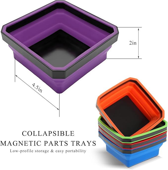 Collapsible Magnetic Parts Tray, 4.5" Square Silicone Tool Tray with Dual-Sided Magnetic Base, Foldable Small Metal Parts Organizer Storage Bowl for Screws Bolts Nuts Washers (Purple)
