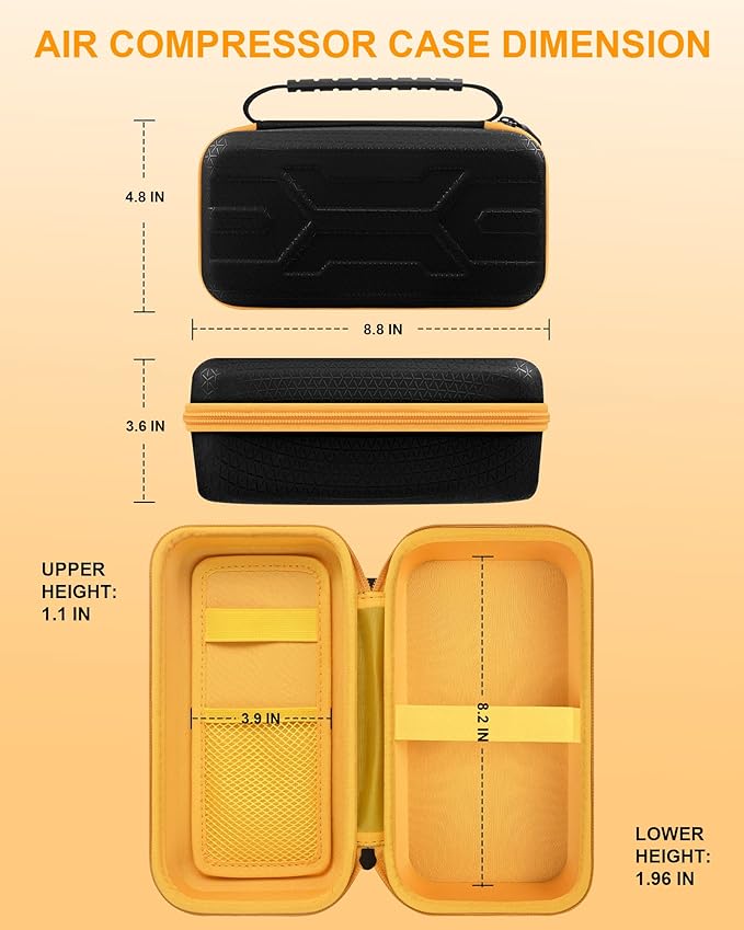 Tire Inflator Case for Airmoto/Skight/LOLSSA/Teffim/Hafuloky/Frarome/ILTIDE, Portable Carrying Air Compressor Case Compatible 120/150 / 180 PSI, Car Air Pump Storage Holder Box (black+orange)