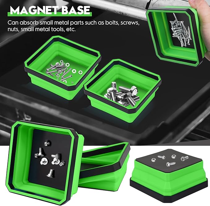Collapsible Magnetic Parts Tray Set, 4 Pack New Version Magnetic Tool Trays for Screw Bolts Nuts Washers Pins & Small Metal Parts-4.5” Square Silicone Bowls with Double Sided Magnetic Base(Green)
