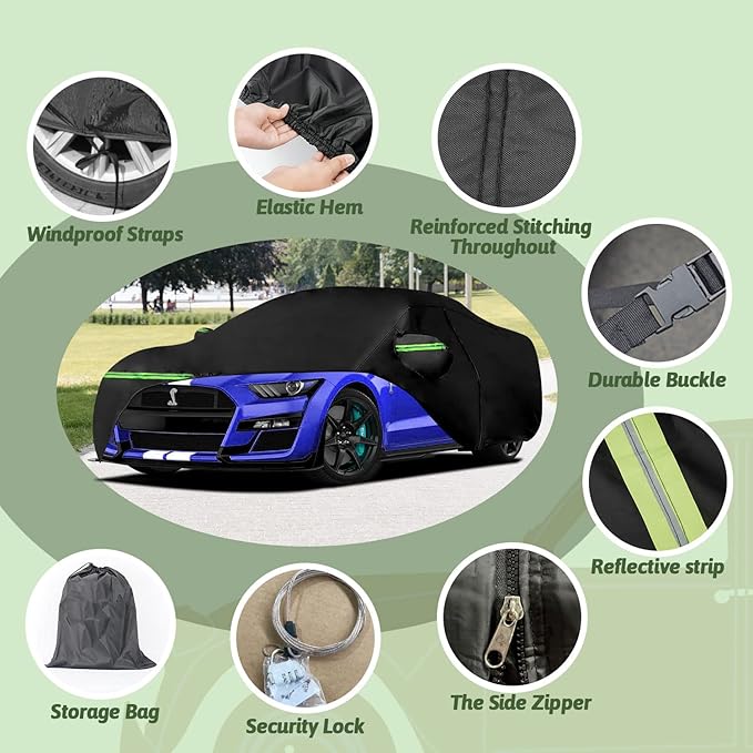 Car Covers for 1994-2024 Ford Mustang, Waterproof All-Weather Full Car Cover with Windproof Gust Strap and Zipper Door for 1994-2024 Mustang GT/Cobra/Shelby/Bullitt/ECOBOOST