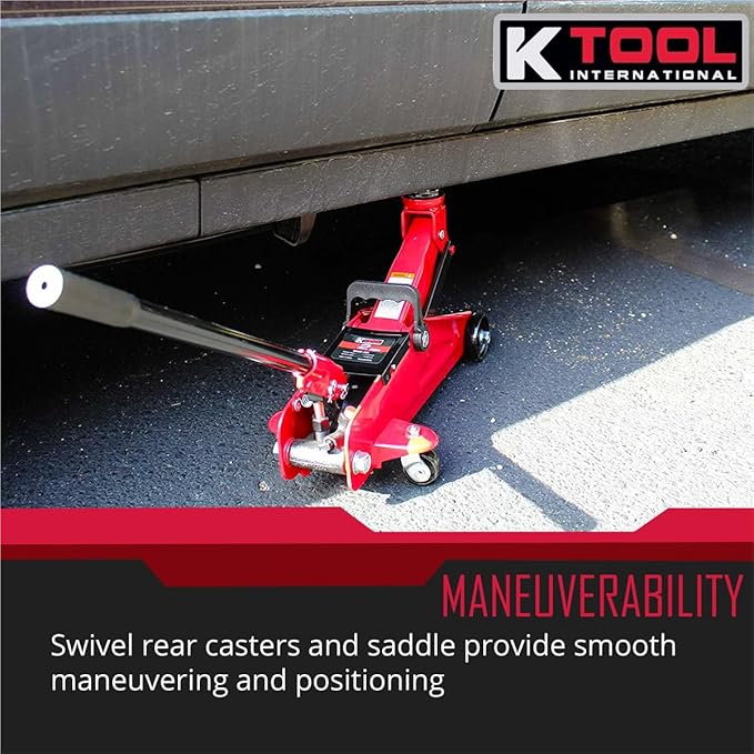 K Tool International 63103A Hydraulic Service Jack, 5-1/8 to 13 Inch Lift Range, Heavy Duty Steel, Swivel Casters, Overload Protection, Smooth Positioning for Shop and Garage Use