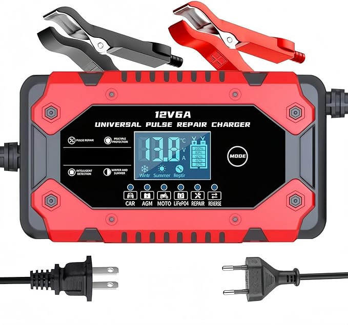 Battery Charger 6-Amp 12V Automatic Smart Battery Trickle Charger, Battery Maintainer Desulfator with Temperature Compensation for Car Truck Motorcycle Lawn Mower Marine