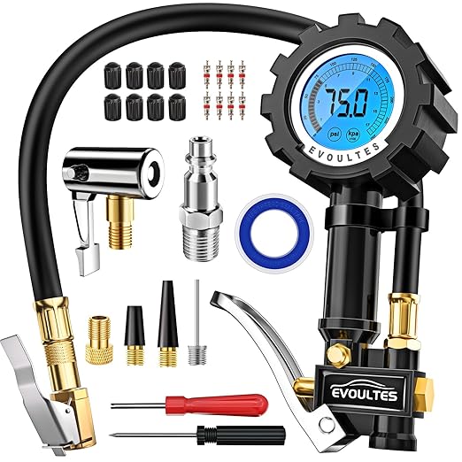 EVOULTES Digital Tire Pressure Gauge with Inflator, 0-250 PSI & 0.1 Res, Heavy Duty Tire Inflator Gauge with Locking Air Chuck & Quick Connector, Air Compressor Accessories w/Storage Box, 28 Pcs Set