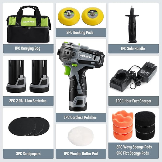 WORKPRO 12V Cordless Polisher, 3" Mini Car Detailing Buffer & Sander Machine Kit with 2 Li-Ion Batteries, Variable Speed Trigger for Auto/DIY Polishing/Sanding/Waxing