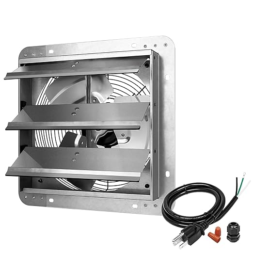 Simple Deluxe 12 Inch Wall Mounted Shutter Exhaust Fan, Aluminum, 1600 RPM, 940 CFM, for Attic, Garage, Louvered Vent, Plant, Greenhouse, Silver