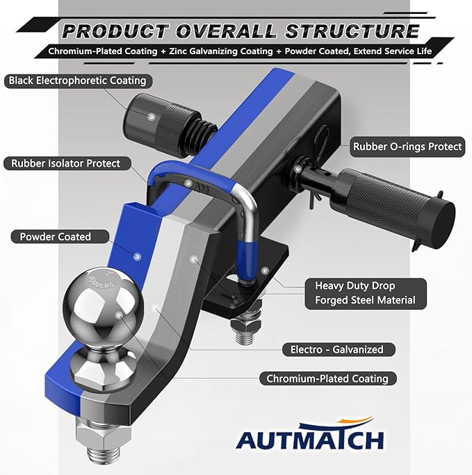 AUTMATCH Trailer Hitch Ball Mount with 2 Inch Hitch Ball - Fits 2" Receiver with Hitch Tightener, 8000Lbs Capacity Ball Hitch, 2-Inch Drop with 5/8" Hitch Lock Pin, Blue