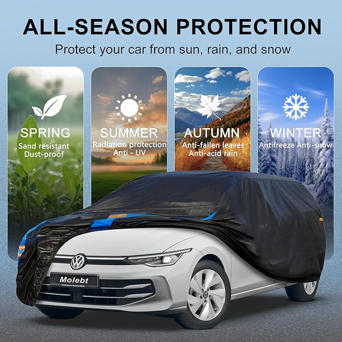 Car Cover Waterproof All Weather for Automobiles, Full Exterior Covers for Hatchback (163-178 inch) Universal Fit for Honda Fit, Toyota Matrix, vw Golf etc. Rain Winter Sun Snow Protection.